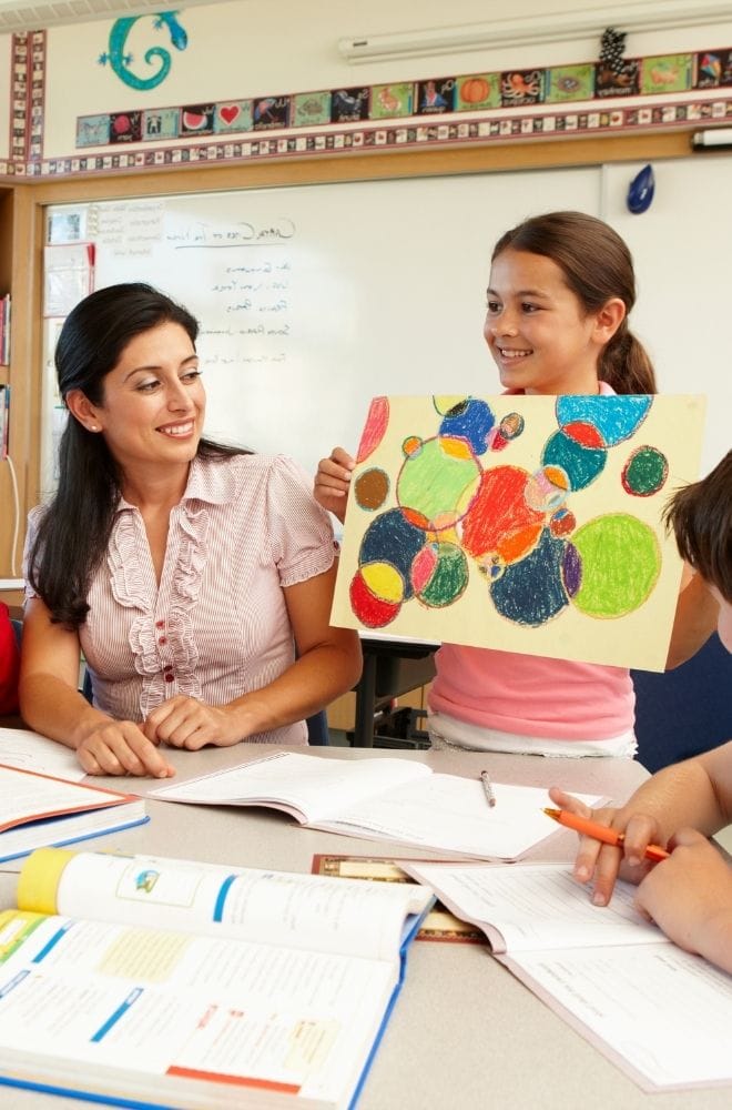 Leerling laat trots haar schilderij zien aan de klas tijdens een les Human Design